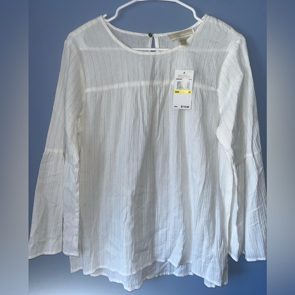 Michael Kors Bell Sleeve White Gold Metallic Striped Dressy Blouse Medium - Picture 1 of 4